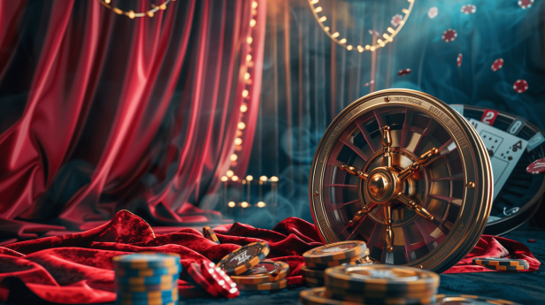 Cinematic fusion of a theater stage with red velvet curtains and vintage casino elements, featuring a golden roulette wheel and gambling chips.